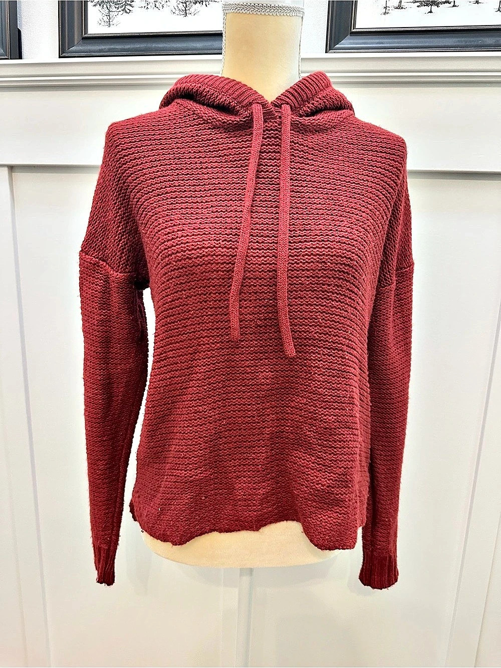 Pink Rose Women's Hooded Knit Sweater Size Small Maroon Red